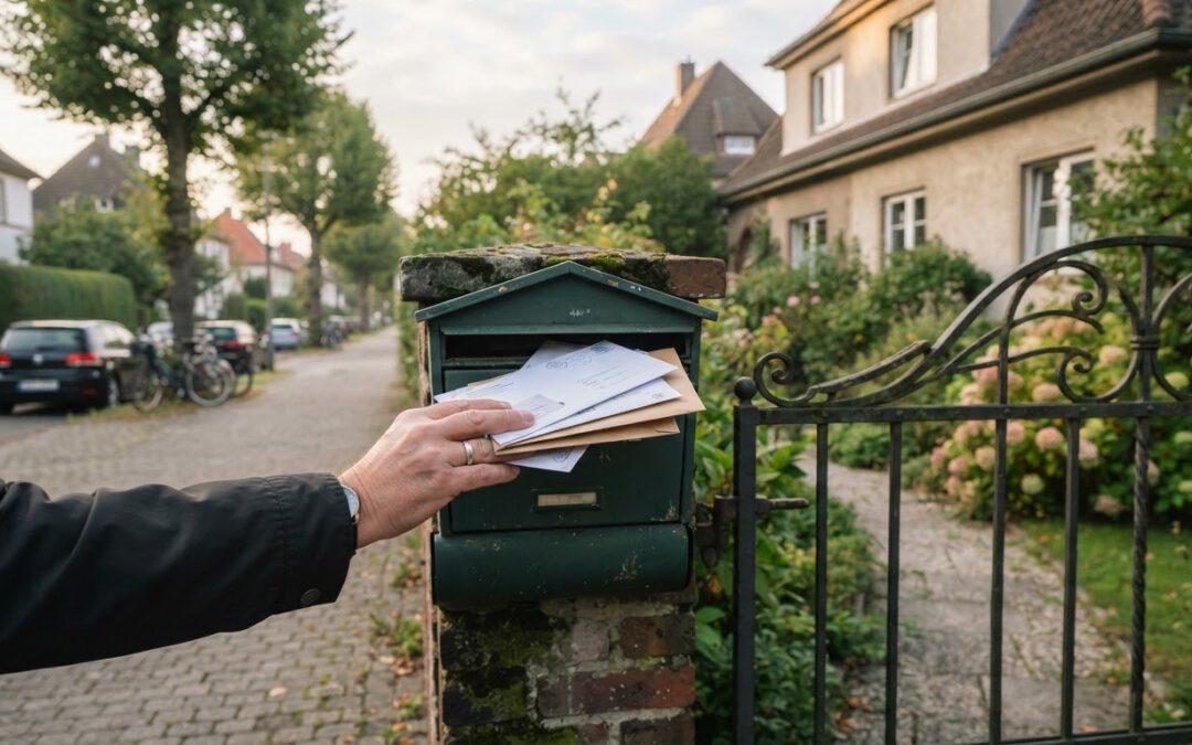 Hand entnimmt Post aus einem Briefkasten am Gartentor